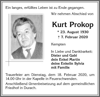 Traueranzeige von Kurt Prokop von Allgäuer Zeitung,Kempten