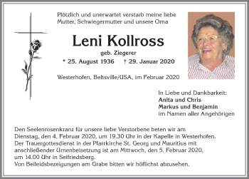 Traueranzeige von Leni Kollross von Allgäuer Anzeigeblatt