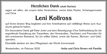 Traueranzeige von Leni Kollross von Allgäuer Anzeigeblatt