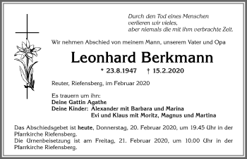 Traueranzeige von Leonhard Berkmann von Allgäuer Anzeigeblatt