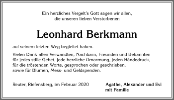 Traueranzeige von Leonhard Berkmann von Allgäuer Anzeigeblatt