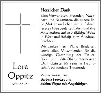 Traueranzeige von Lore Oppitz von Memminger Zeitung