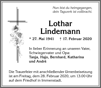 Traueranzeige von Lothar Lindemann von Allgäuer Anzeigeblatt