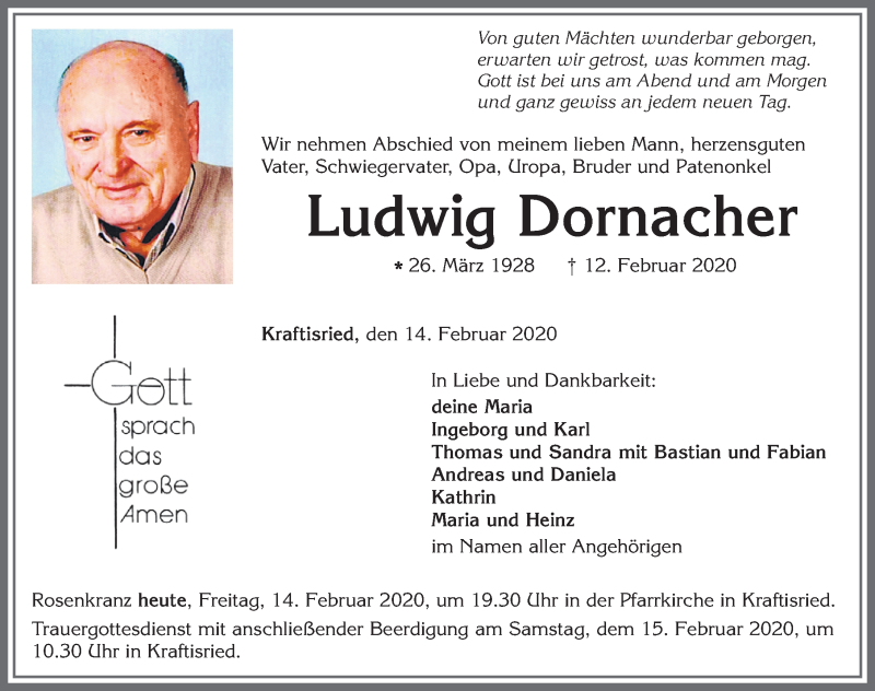  Traueranzeige für Ludwig Dornacher vom 14.02.2020 aus Allgäuer Zeitung, Marktoberdorf