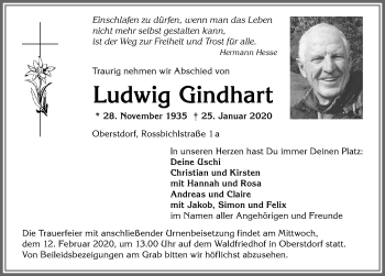 Traueranzeige von Ludwig Gindhart von Allgäuer Anzeigeblatt