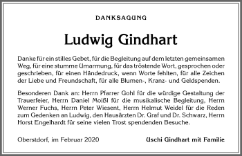 Traueranzeige von Ludwig Gindhart von Allgäuer Anzeigeblatt