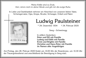 Traueranzeige von Ludwig Paulsteiner von Allgäuer Zeitung, Füssen