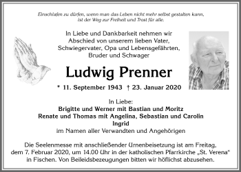 Traueranzeige von Ludwig Prenner von Allgäuer Anzeigeblatt