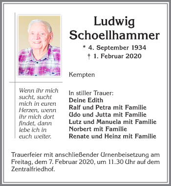 Traueranzeige von Ludwig Schoellhammer von Allgäuer Zeitung,Kempten