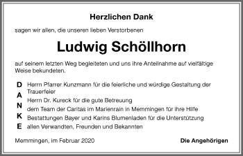 Traueranzeige von Ludwig Schöllhorn von Memminger Zeitung