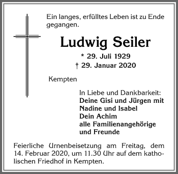 Traueranzeige von Ludwig Seiler von Allgäuer Zeitung,Kempten