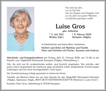 Traueranzeige von Luise Gros von Allgäuer Zeitung,Kempten