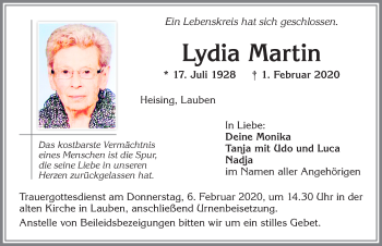 Traueranzeige von Lydia Martin von Allgäuer Zeitung,Kempten