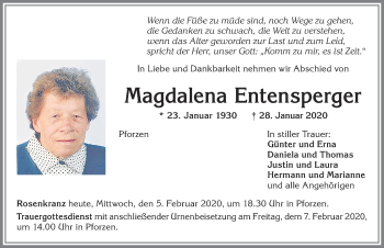 Traueranzeige von Magdalena Entensperger von Allgäuer Zeitung, Kaufbeuren/Buchloe