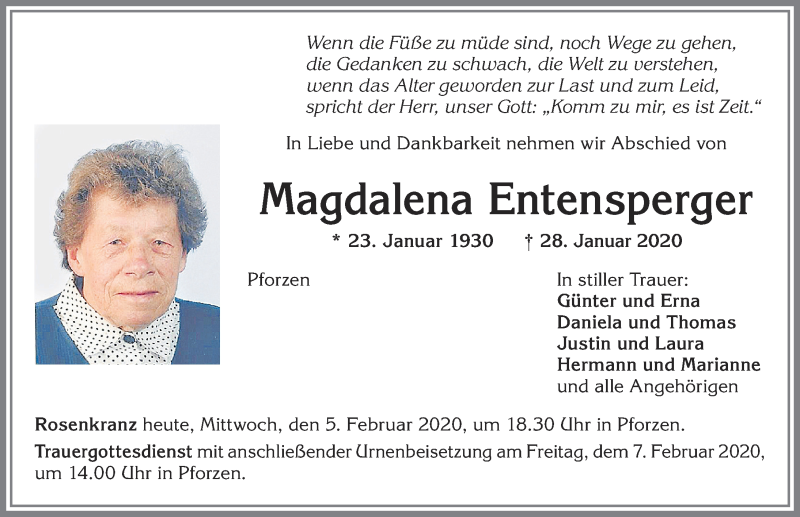  Traueranzeige für Magdalena Entensperger vom 05.02.2020 aus Allgäuer Zeitung, Kaufbeuren/Buchloe