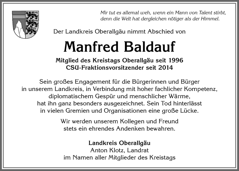  Traueranzeige für Manfred Baldauf vom 03.02.2020 aus Allgäuer Zeitung