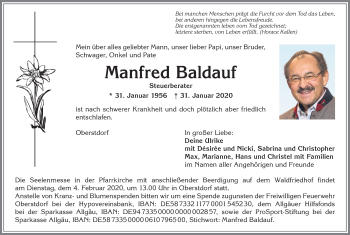 Traueranzeige von Manfred Baldauf von Allgäuer Zeitung