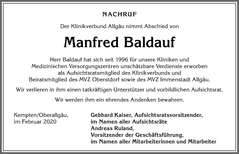  Traueranzeige für Manfred Baldauf vom 04.02.2020 aus Allgäuer Zeitung