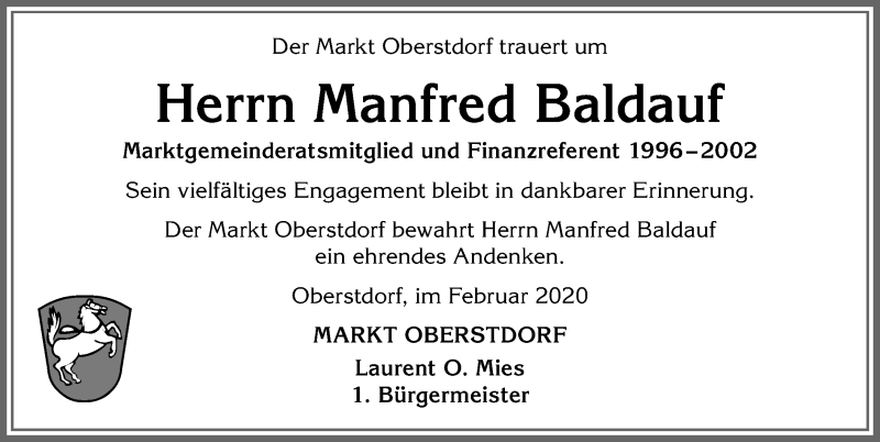  Traueranzeige für Manfred Baldauf vom 04.02.2020 aus Allgäuer Anzeigeblatt