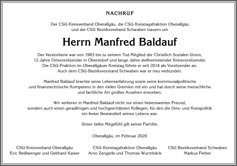  Traueranzeige für Manfred Baldauf vom 03.02.2020 aus Allgäuer Zeitung