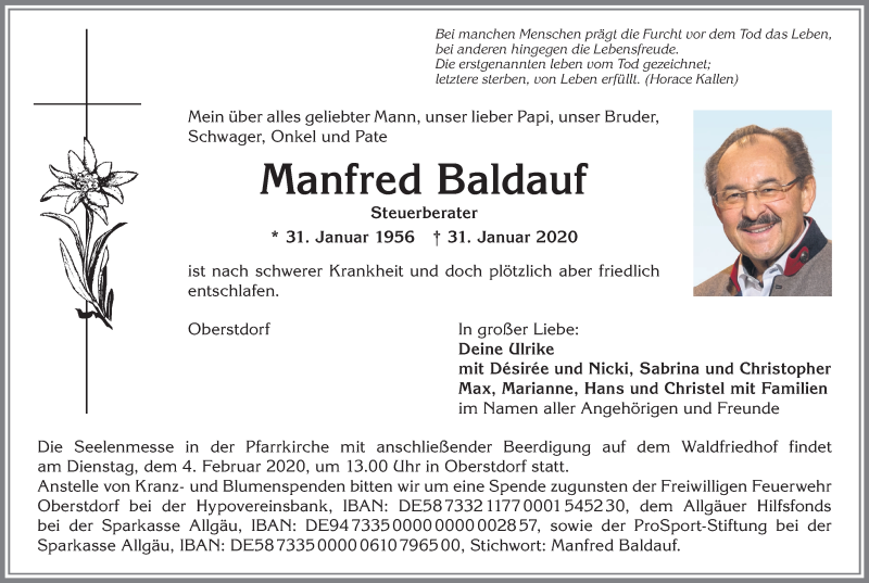  Traueranzeige für Manfred Baldauf vom 03.02.2020 aus Allgäuer Zeitung