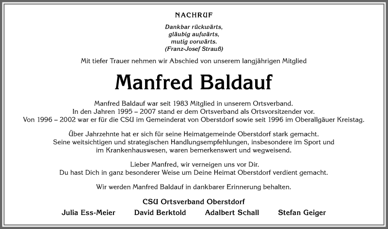  Traueranzeige für Manfred Baldauf vom 04.02.2020 aus Allgäuer Anzeigeblatt