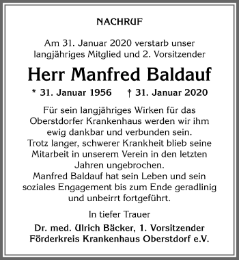 Traueranzeige von Manfred Baldauf von Allgäuer Anzeigeblatt