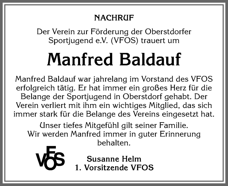  Traueranzeige für Manfred Baldauf vom 04.02.2020 aus Allgäuer Anzeigeblatt