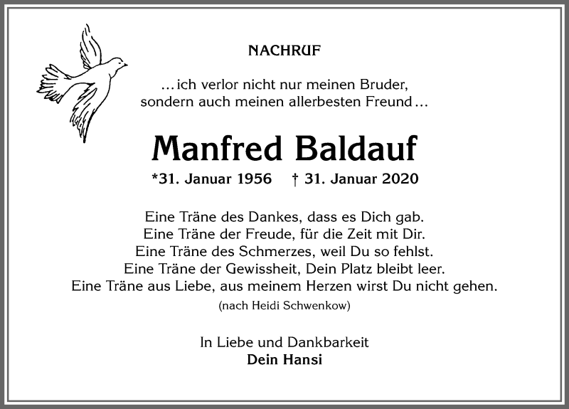  Traueranzeige für Manfred Baldauf vom 05.02.2020 aus Allgäuer Anzeigeblatt