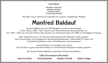 Traueranzeige von Manfred Baldauf von Allgäuer Anzeigeblatt