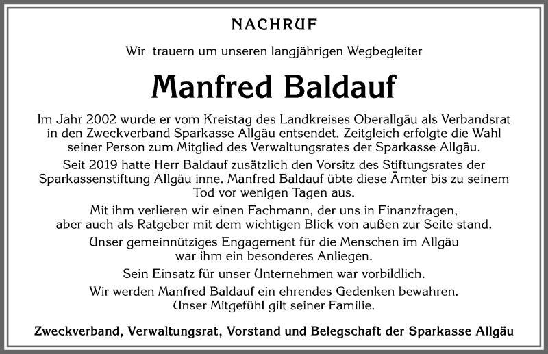  Traueranzeige für Manfred Baldauf vom 04.02.2020 aus Allgäuer Zeitung