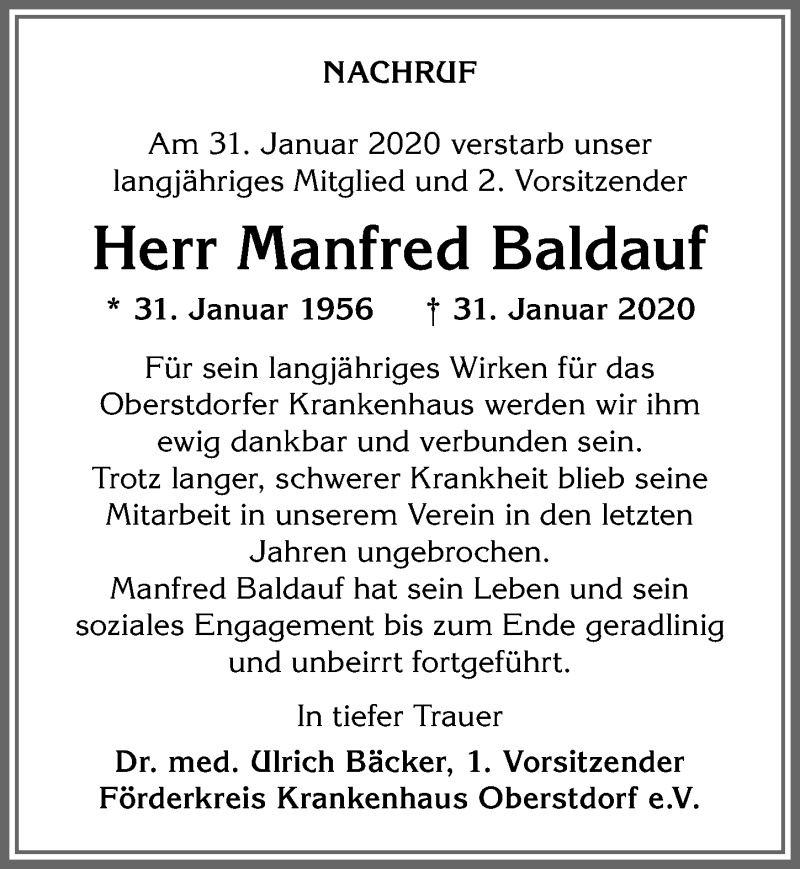  Traueranzeige für Manfred Baldauf vom 05.02.2020 aus Allgäuer Anzeigeblatt