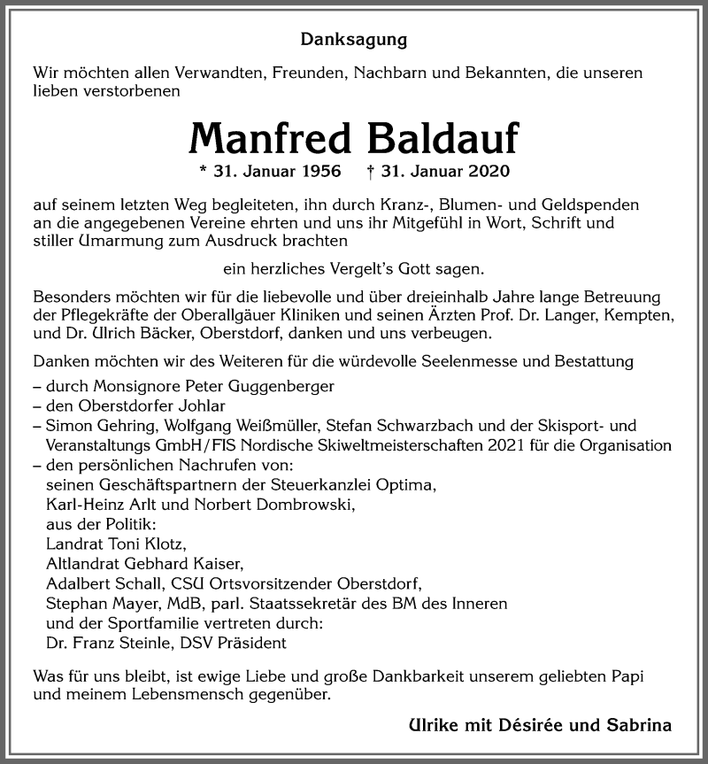 Traueranzeige für Manfred Baldauf vom 29.02.2020 aus Allgäuer Zeitung