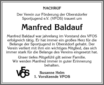 Traueranzeige von Manfred Baldauf von Allgäuer Anzeigeblatt
