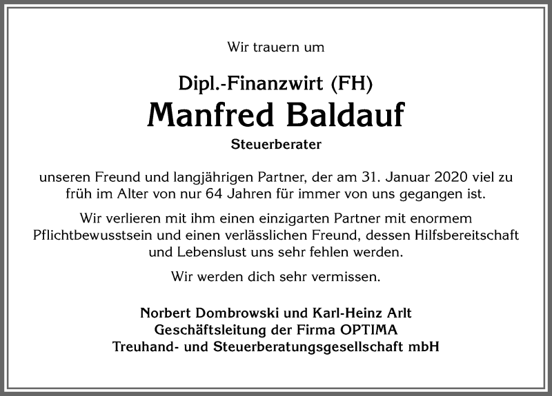  Traueranzeige für Manfred Baldauf vom 04.02.2020 aus Allgäuer Zeitung