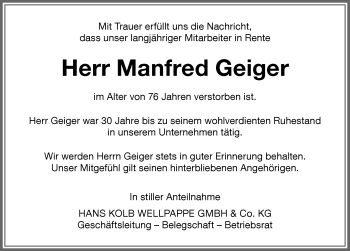 Traueranzeige von Manfred Geiger von Memminger Zeitung
