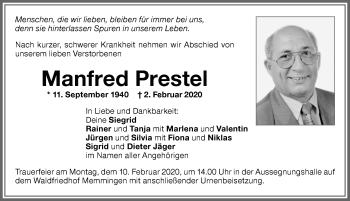 Traueranzeige von Manfred Prestel von Memminger Zeitung