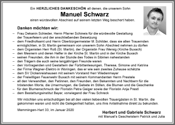 Traueranzeige von Manuel Schwarz von Memminger Zeitung