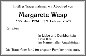 Traueranzeige von Margarete Wesp von Allgäuer Zeitung,Kempten