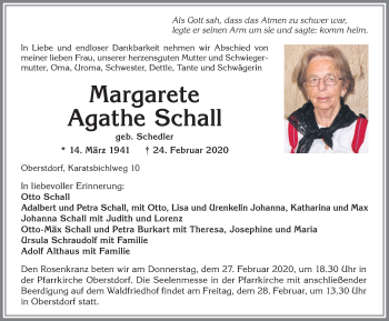 Traueranzeige von Margarete Agathe Schall von Allgäuer Anzeigeblatt