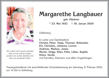 Traueranzeige von Margarethe Langbauer von Allgäuer Zeitung, Kaufbeuren/Buchloe