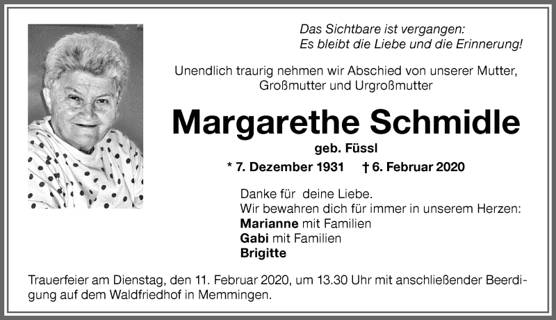  Traueranzeige für Margarethe Schmidle vom 10.02.2020 aus Memminger Zeitung