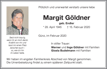 Traueranzeige von Margit Göldner von Memminger Zeitung