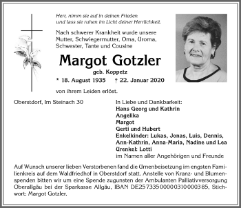 Traueranzeige von Margot Gotzler von Allgäuer Anzeigeblatt