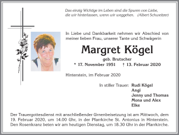 Traueranzeige von Margret Kögel von Allgäuer Anzeigeblatt