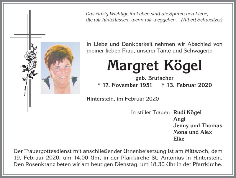  Traueranzeige für Margret Kögel vom 18.02.2020 aus Allgäuer Anzeigeblatt