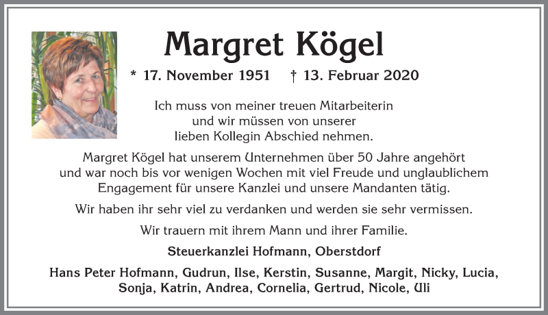  Traueranzeige für Margret Kögel vom 18.02.2020 aus Allgäuer Anzeigeblatt