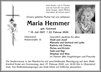 Traueranzeige von Maria Hemmer von Allgäuer Anzeigeblatt