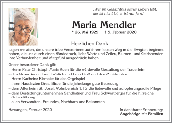 Traueranzeige von Maria Mendler von Memminger Zeitung