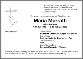 Traueranzeige von Maria Merrath von Memminger Zeitung